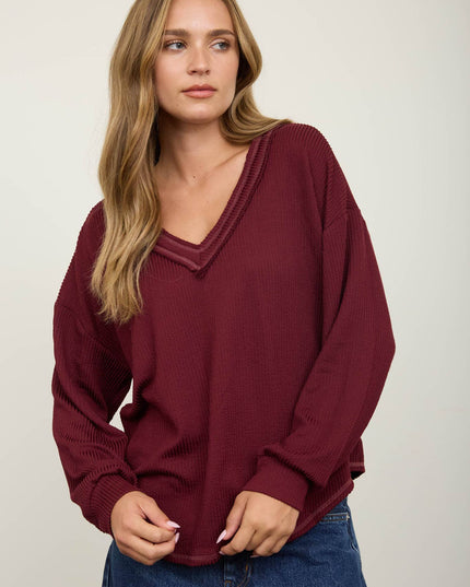 RAW EDGE V-NECK LONG SLEEVE TEXTURED KNIT TOP