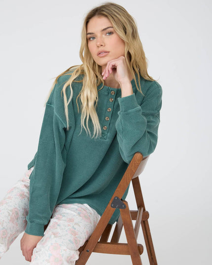 HENLEY RIBBED BOXY LONG SLEEVE WASHED KNIT TOP