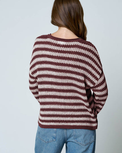 STRIPE RAW EDGE SPLIT NECK SHEER KNIT SWEATER
