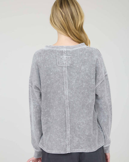 WASHED POCKET DETAIL LONG SLEEVE RIB KNIT TOP