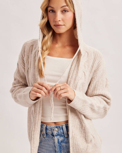 ZIP-UP CABLE KNIT SWEATER CARDIGAN WITH HOOD