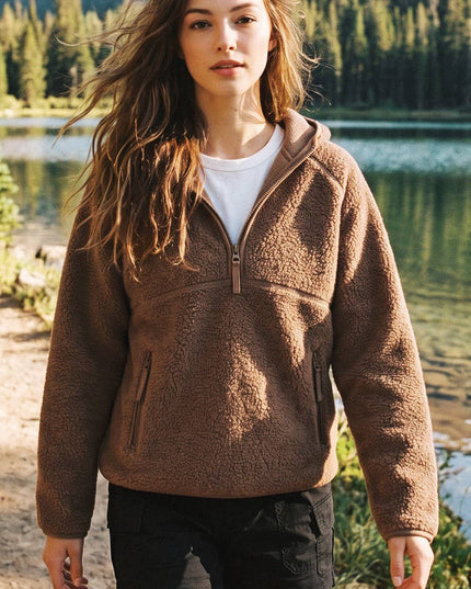 SOFT SHERPA FLEECE HALF-ZIPPER FRONT HOODIE PULLOVER
