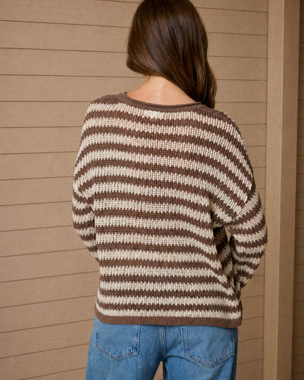 STRIPE RAW EDGE SPLIT NECK SHEER KNIT SWEATER