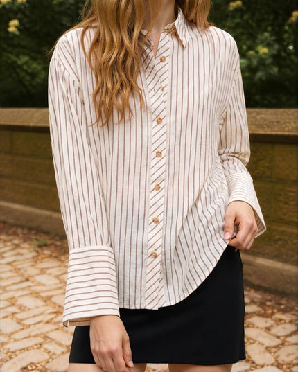 STRIPE COLLARED BACK BUTTON DETAIL LONG SLEEVE TOP