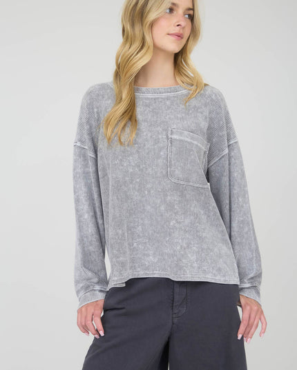 WASHED POCKET DETAIL LONG SLEEVE RIB KNIT TOP