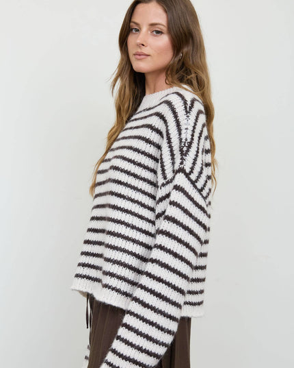 STRIPE ROLLED EDGE DETAIL LONG SLEEVE KNIT SWEATER