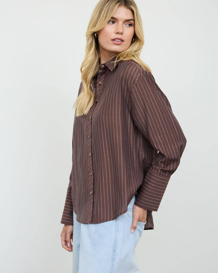 STRIPE COLLARED BACK BUTTON DETAIL LONG SLEEVE TOP