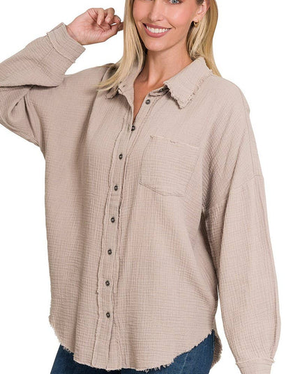 `Plus Oversized Raw Edge Shirt SI-23811 Zenana