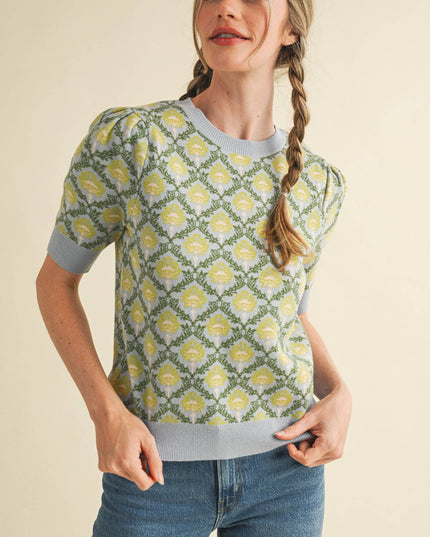 FLORAL PATTERN SHORT SLEEVE SWEATER MSW10860