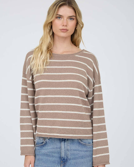 STRIPE TEXTURED RAW EDGE LONG SLEEVE KNIT SWEATER