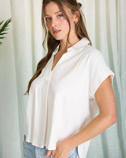 COLLARED SPLIT NECK CUFF SLEEVE U HEM LINEN TOP