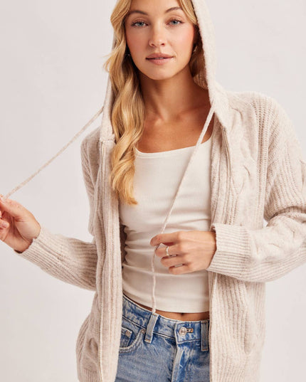 ZIP-UP CABLE KNIT SWEATER CARDIGAN WITH HOOD