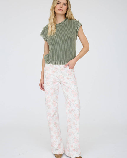 ACID WASHED TAB SLEEVE BACK BUTTON KNIT TOP