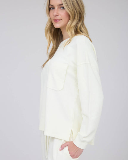WASHED POCKET DETAIL LONG SLEEVE RIB KNIT TOP