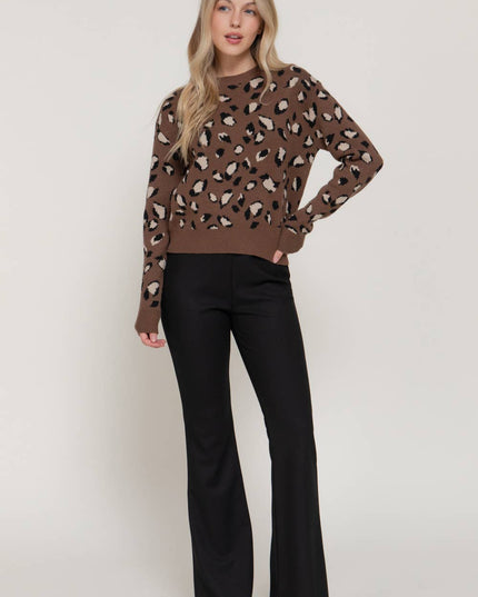 Long Sleeve Crew Neck Animal Jacquard Sweater Top