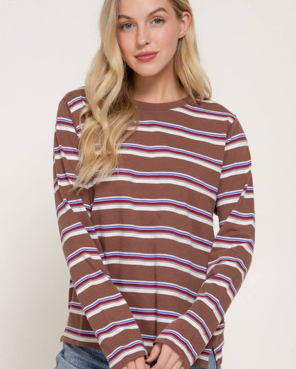 Long Sleeve Crew Neck Y/D Multi Striped Knit Top