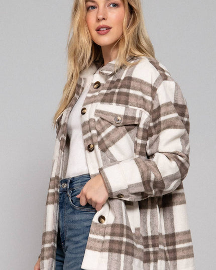 Long Sleeve Inside Faux Fur Brushed Plaid Jacket