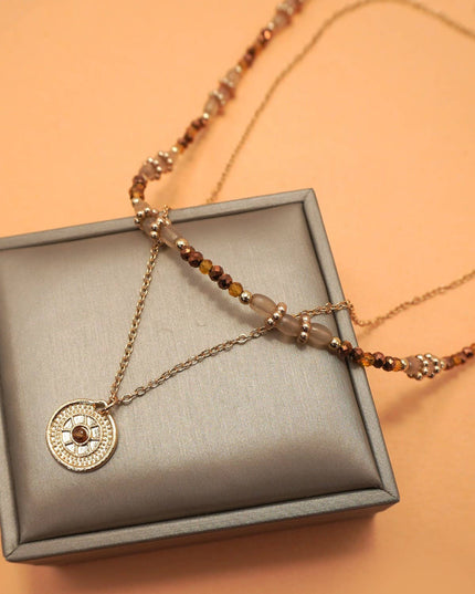 MULTI LAYER BEADED CHAIN COIN CHARM NECKLACE | 40NK9622