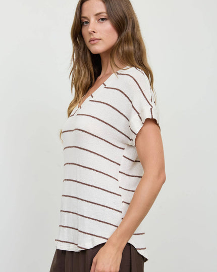 STRIPE V NECK CUFFED SLEEVE KNIT TOP