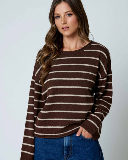 STRIPE TEXTURED RAW EDGE LONG SLEEVE KNIT SWEATER