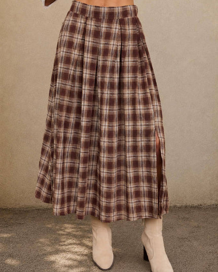 PLAID PLEATED SIDE SLIT MIDI SKIRT