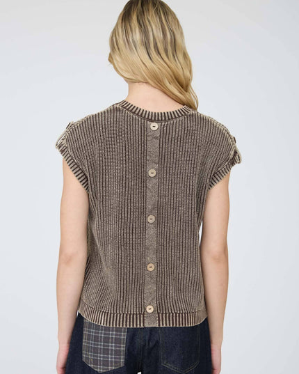 ACID WASHED TAB SLEEVE BACK BUTTON KNIT TOP