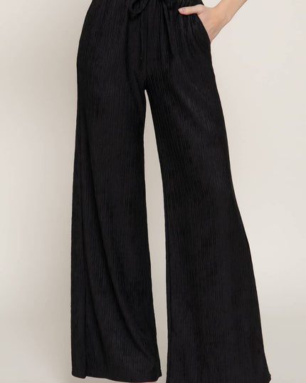 Waistband with String Crinkle Knit Long Pants