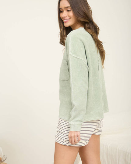 WASHED POCKET DETAIL LONG SLEEVE RIB KNIT TOP