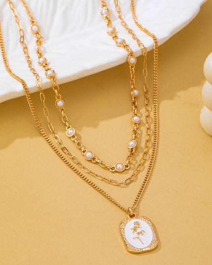 Layered Enamel Pearl & Rose Tag Pendant Necklace | 80N93573