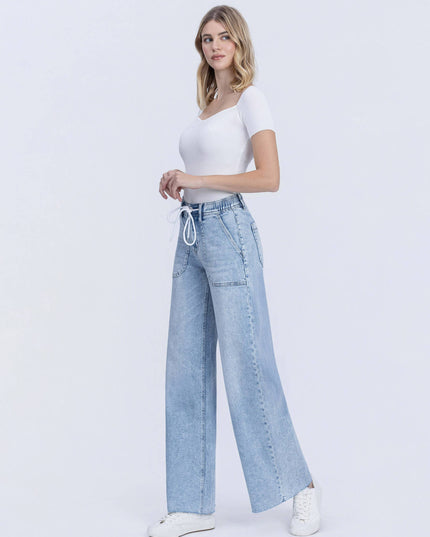 HIGH RISE DRAWSTRING WAISTBAND WIDE LEG JEANS F6065