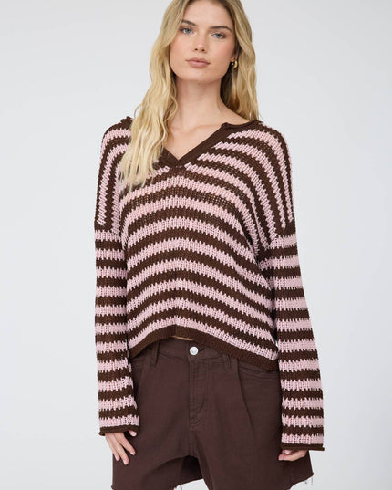 STRIPE RAW EDGE SPLIT NECK SHEER KNIT SWEATER