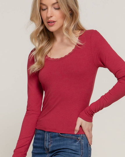 Long Sleeve Scoop Neck with Lace Trim Rib Knit Top