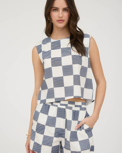 CHECKERED SLEEVELESS LINEN CROP TOP