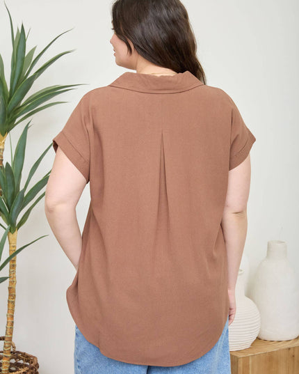 PLUS COLLARED SPLIT NECK CUFF SLEEVE LINEN TOP
