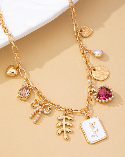 Romantic Pink Heart & Bow Multi-Charm Necklace | 80N93409