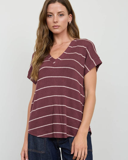 STRIPE V NECK CUFFED SLEEVE KNIT TOP