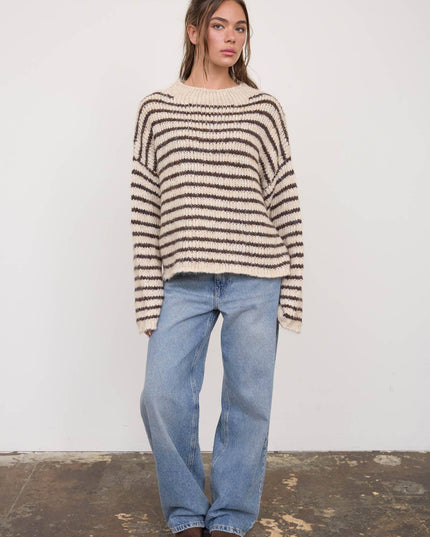 STRIPE ROLLED EDGE DETAIL LONG SLEEVE KNIT SWEATER