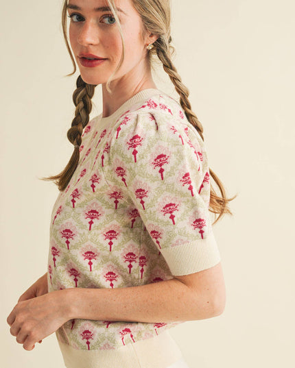 FLORAL PATTERN SHORT SLEEVE SWEATER MSW10860