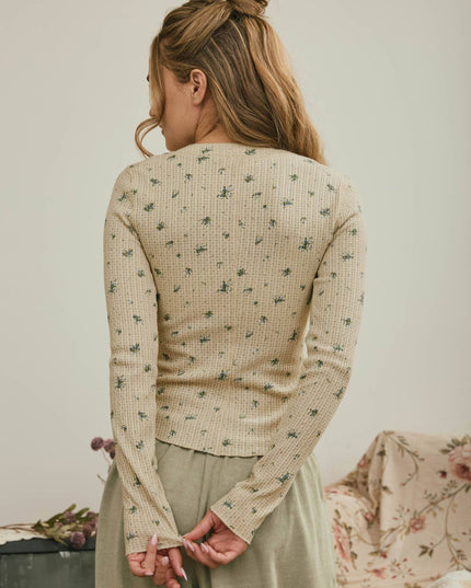 FLORAL SNAP FRONT LONG SLEEVE WAFFLE KNIT TOP