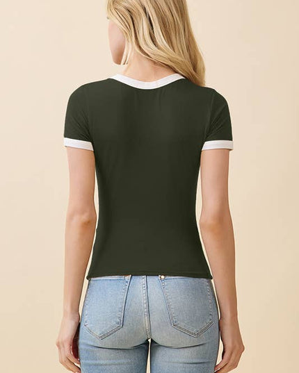 JT56633 - CREW NK CONTRAST BINDING RINGER SHORT SLV TOP