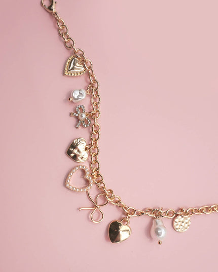 CHARM BRACELET-BOW HEART PEARL DISC CHARMS | 80B1290