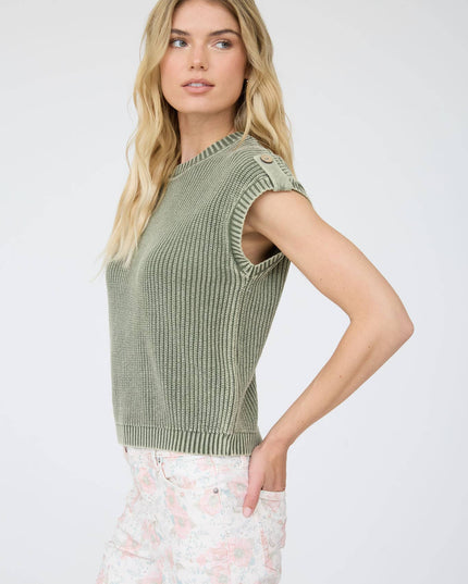 ACID WASHED TAB SLEEVE BACK BUTTON KNIT TOP