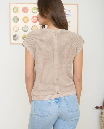 ACID WASHED TAB SLEEVE BACK BUTTON KNIT TOP