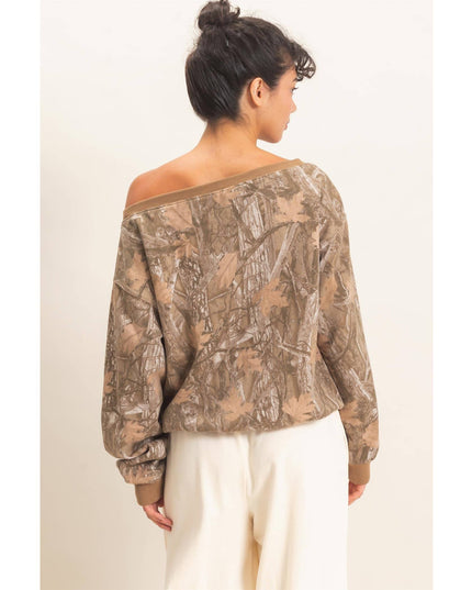 Tree Camouflage Print Off The Shoulder Sweatshirt