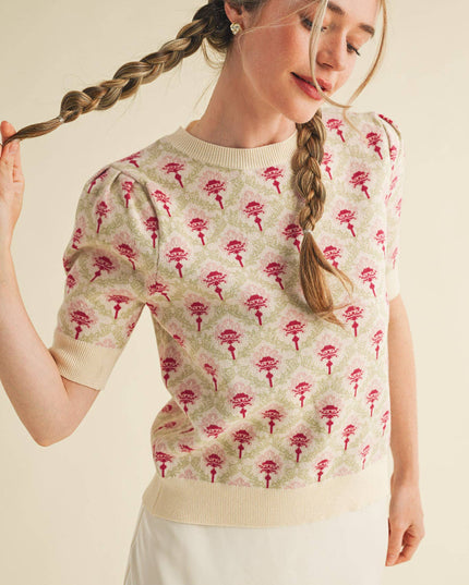 FLORAL PATTERN SHORT SLEEVE SWEATER MSW10860