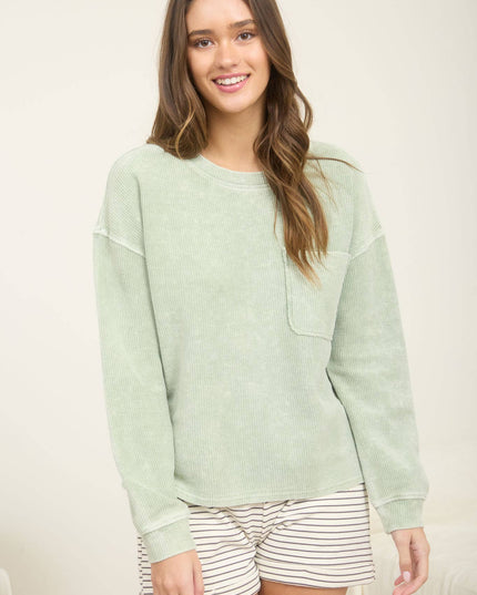 WASHED POCKET DETAIL LONG SLEEVE RIB KNIT TOP