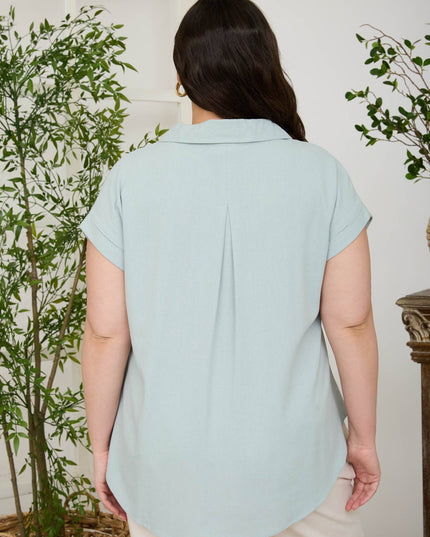 PLUS COLLARED SPLIT NECK CUFF SLEEVE LINEN TOP