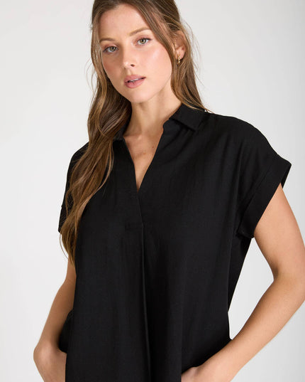 COLLARED SPLIT NECK CUFF SLEEVE U HEM LINEN TOP
