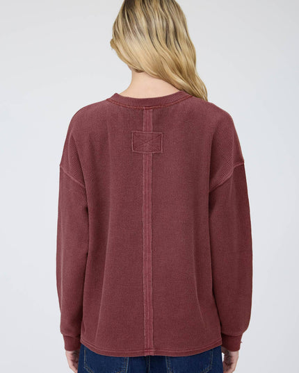 HENLEY RIBBED BOXY LONG SLEEVE WASHED KNIT TOP