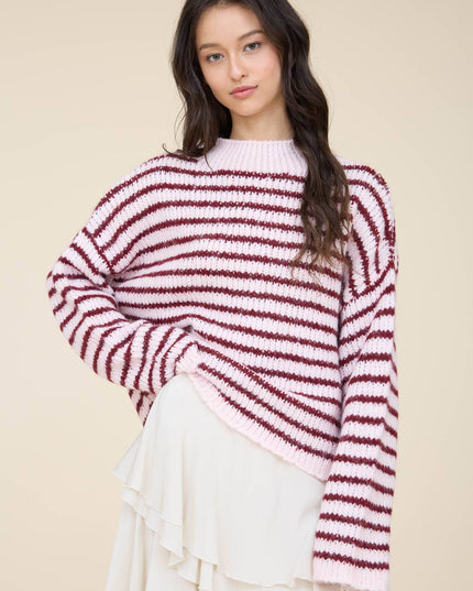 STRIPE ROLLED EDGE DETAIL LONG SLEEVE KNIT SWEATER